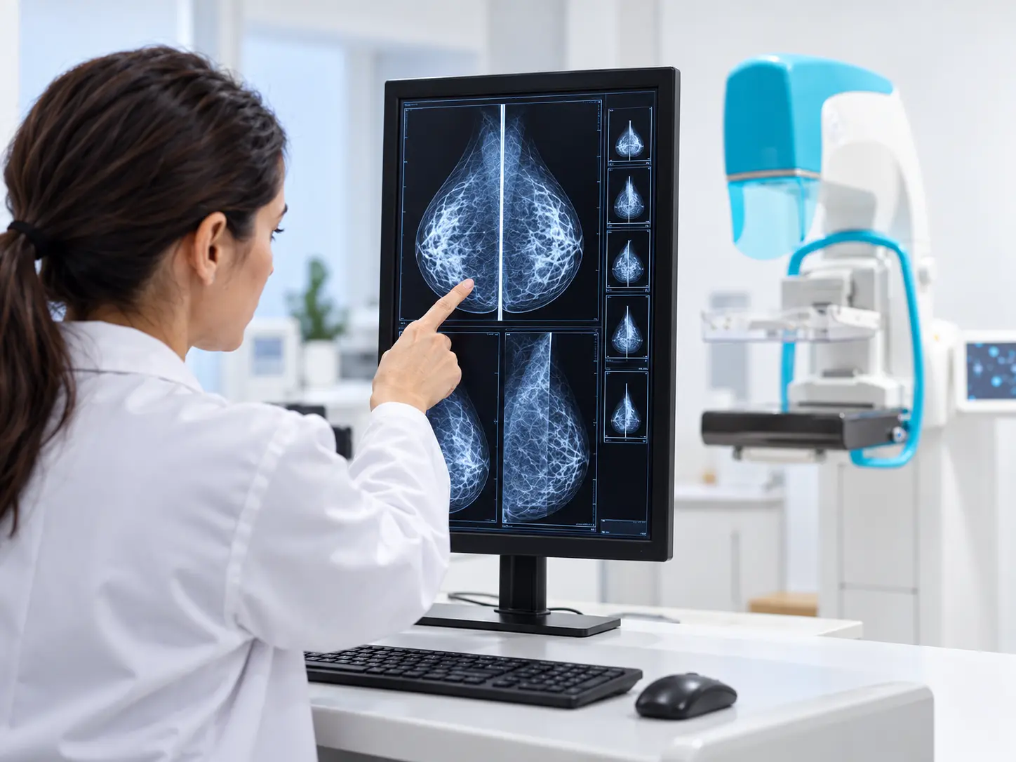 Medico radiologo osserva immagini mammografiche su monitor verticale